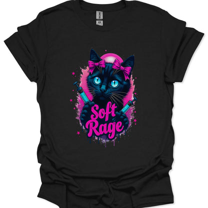 Black t-shirt with a graphic of a black cat with bows and the text 'Soft Rage' on a white background.