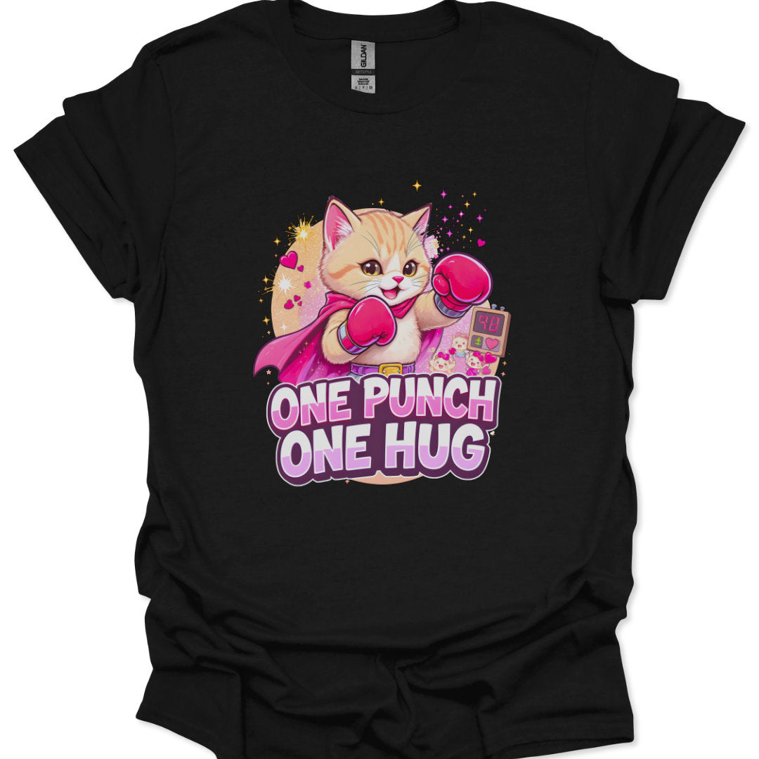 Black t-shirt with a cartoon cat design and text 'One Punch One Hug' on a white background