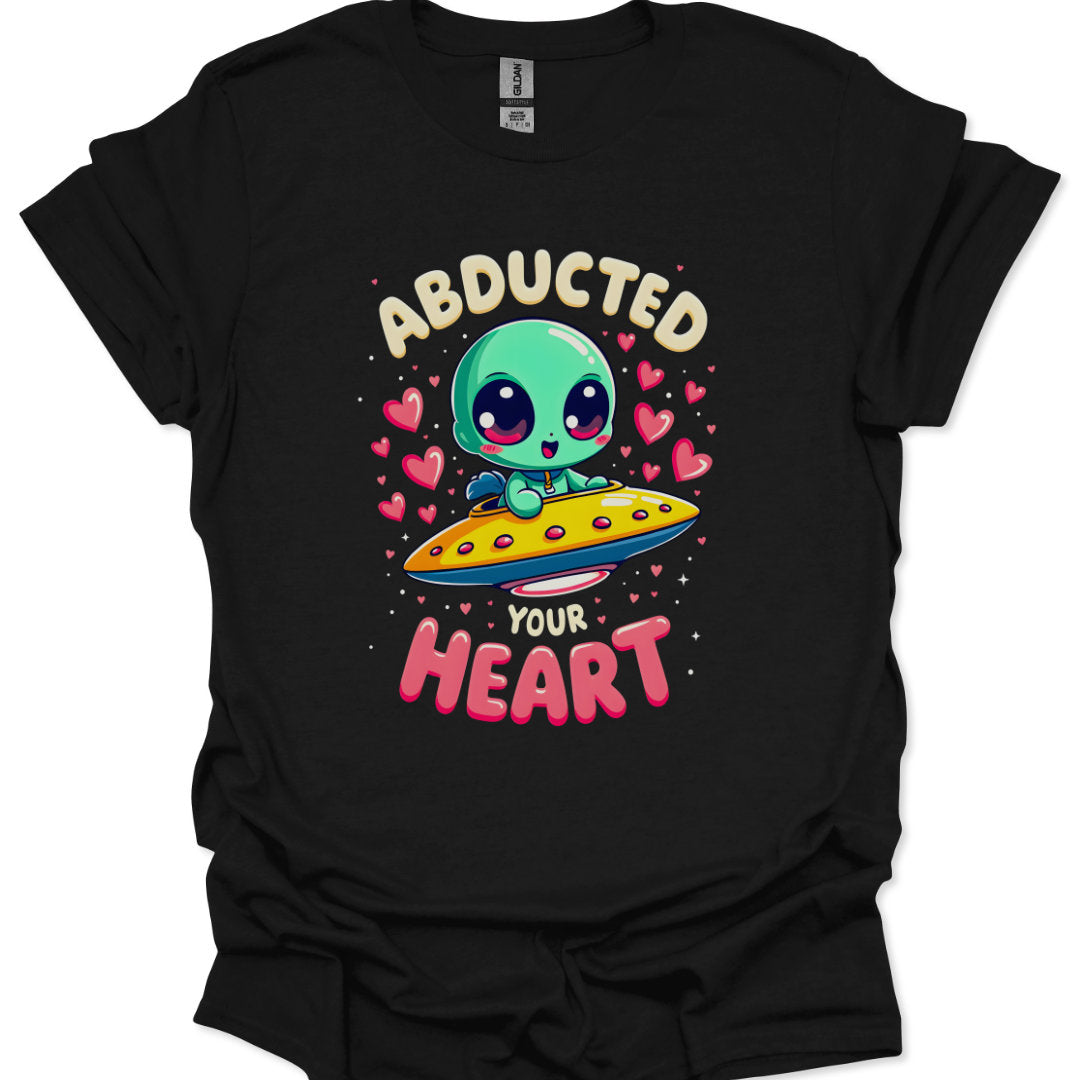 Black t-shirt with a cute alien design and text on a white background