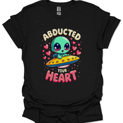 Black t-shirt with a cute alien design and text on a white background