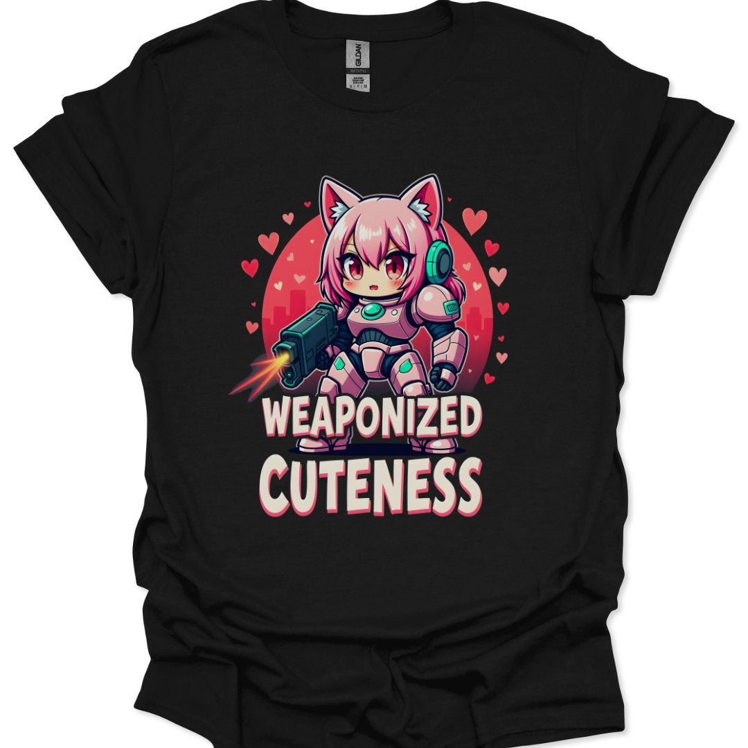 Black t-shirt with a cartoon character and 'Weaponized Cuteness' text on a white background