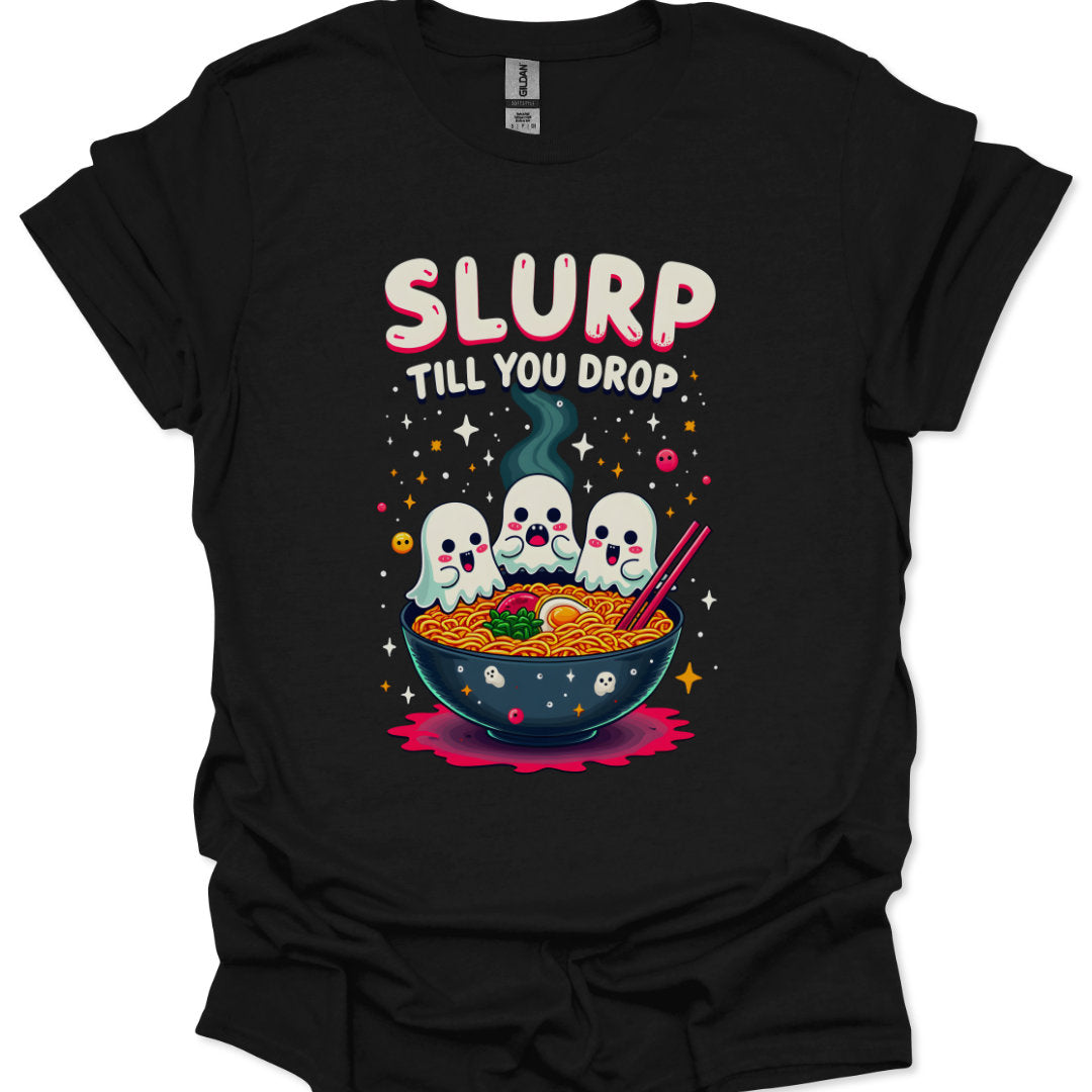 Black t-shirt with a graphic of cartoon ghosts around a bowl of ramen and text 'SLURP TILL YOU DROP' on a white background.