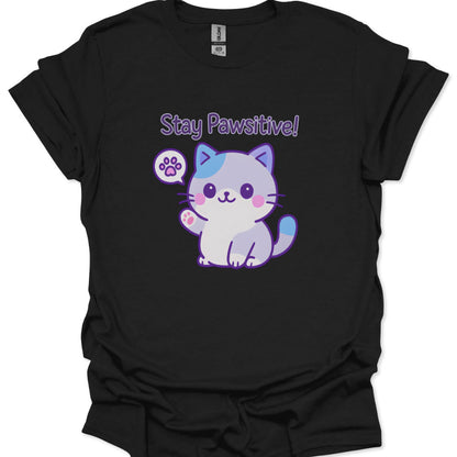 Black t-shirt with a cartoon cat and 'Stay Pawsitive!' text on a white background