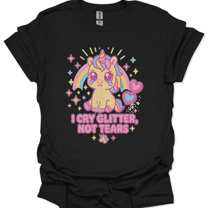 cute unicorn graphic that says I cry glitter not tears with sparkles