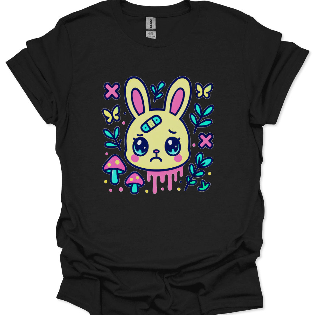 Cute emo bunny illustration with bandage mushrooms and leafy accents