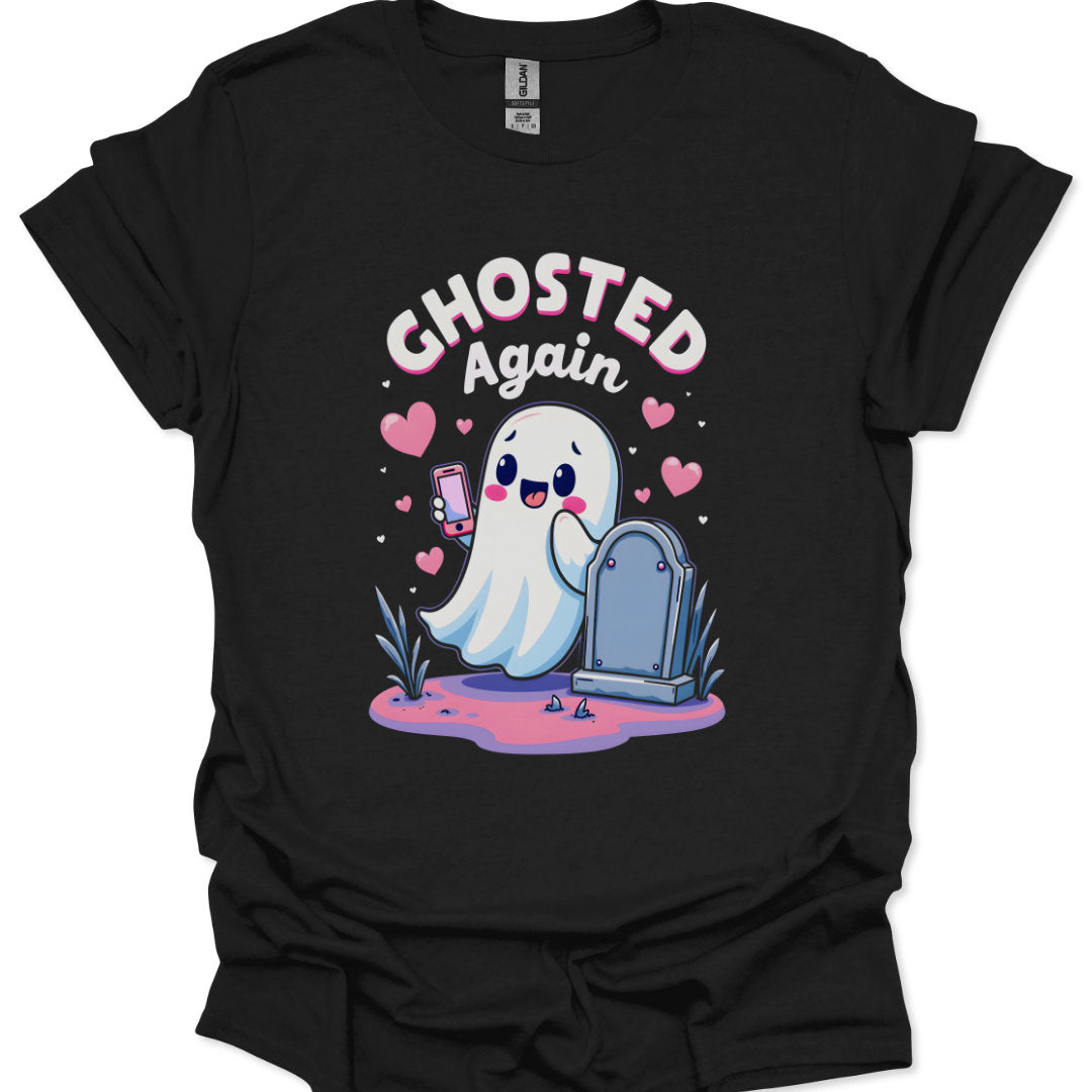 Black t-shirt with a cartoon ghost and text 'Ghosted Again' on a white background