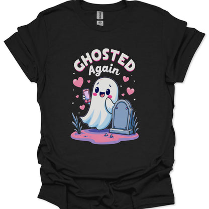Black t-shirt with a cartoon ghost and text 'Ghosted Again' on a white background