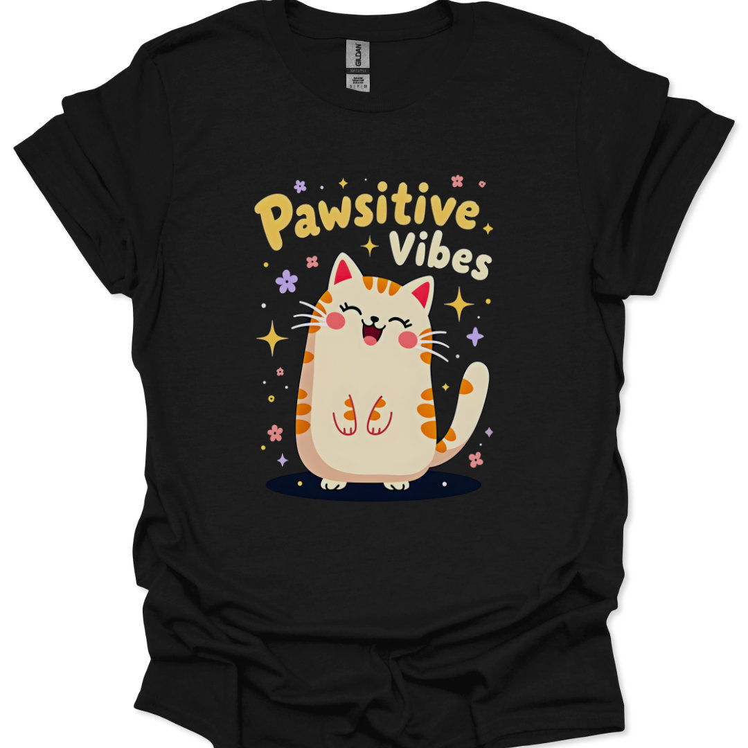 Black t-shirt with a cartoon cat and 'Pawsitive Vibes' text on a white background