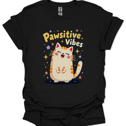 Black t-shirt with a cartoon cat and 'Pawsitive Vibes' text on a white background