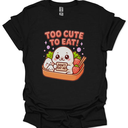 Black t-shirt with a cute ghost design and text 'Too Cute to Eat!' on a white background
