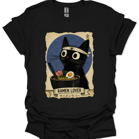 Black cat ramen lover t-shirt Kawaii Japanese food anime fan apparel