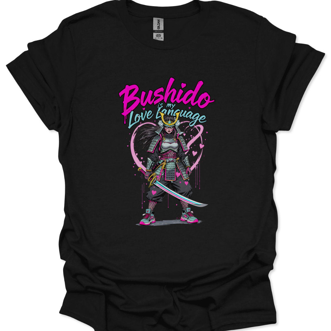 Black t-shirt with a graphic of a samurai and text 'Bushido is my love language' on a white background