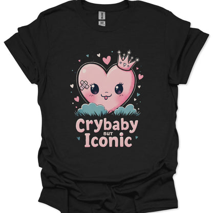 Black t-shirt with a heart design and 'Crybaby But Iconic' text on a white background