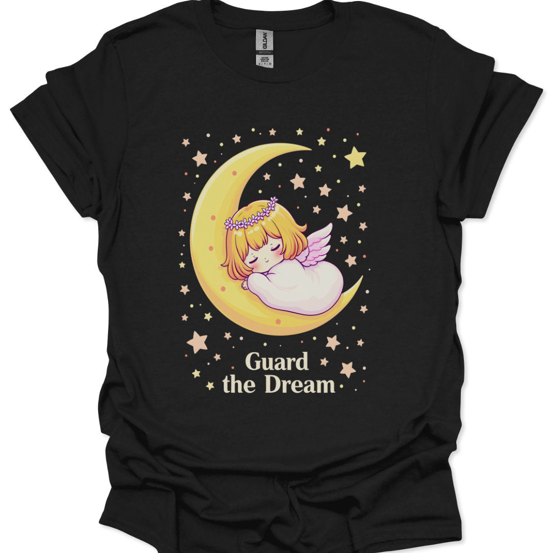 Black t-shirt with a cartoon design of a girl on a crescent moon surrounded by stars and the text 'Guard the Dream'.