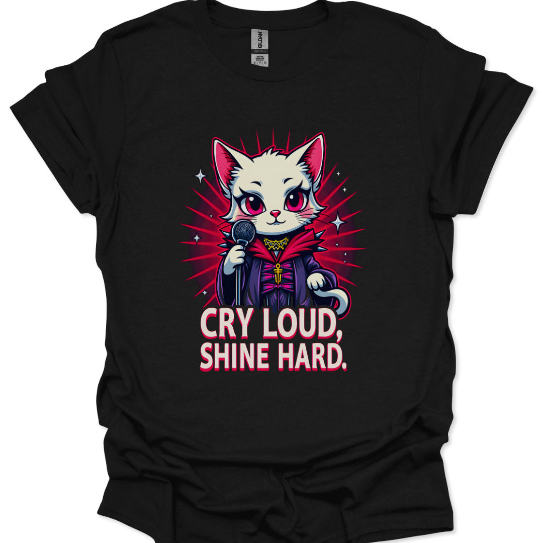 Black t-shirt with a cat graphic and text 'Cry Loud, Shine Hard' on a white background