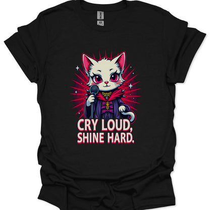 Black t-shirt with a cat graphic and text 'Cry Loud, Shine Hard' on a white background