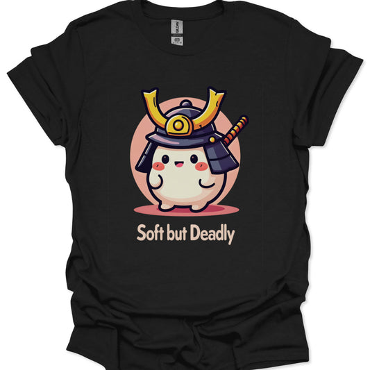 Black t-shirt with a cartoon character in a samurai helmet and the text 'Soft but Deadly' on a white background.