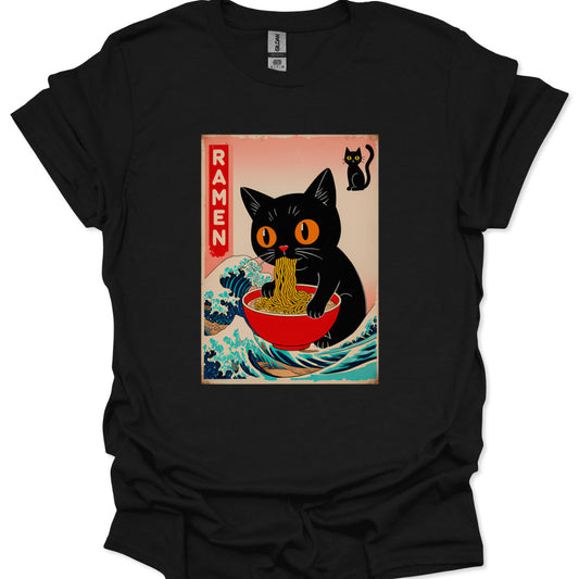 cute neko eating ramen graphic tee for anime and kawaii fans