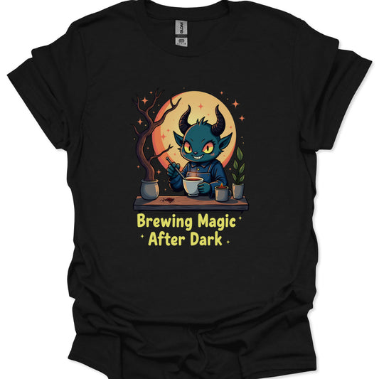 kawaii demon barista t-shirt brewing magic after dark design