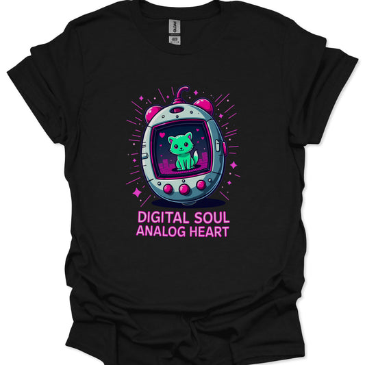 Retro tech kawaii shirt featuring cute cat in digital pet device