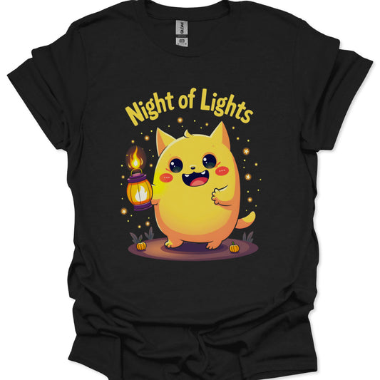 Black t-shirt with a cartoon cat holding a lantern and 'Night of Lights' text on a white background