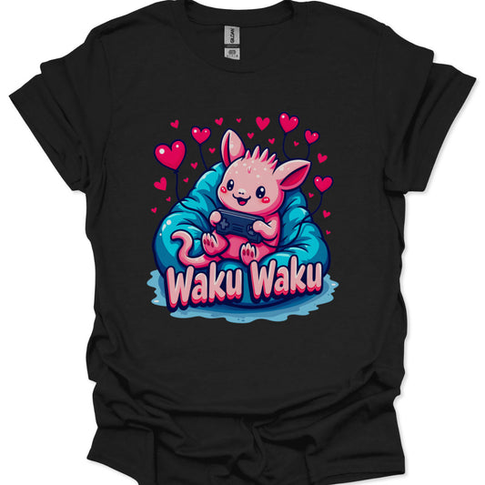 Black t-shirt with a cartoon character and 'Waku Waku' text on a white background