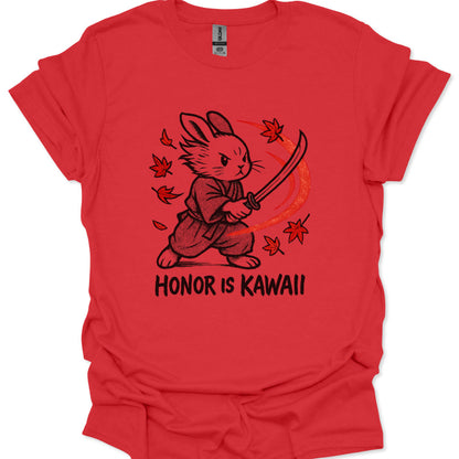 Red t-shirt with a graphic of a rabbit holding a sword and 'Honor is Kawaii' text on a white background.