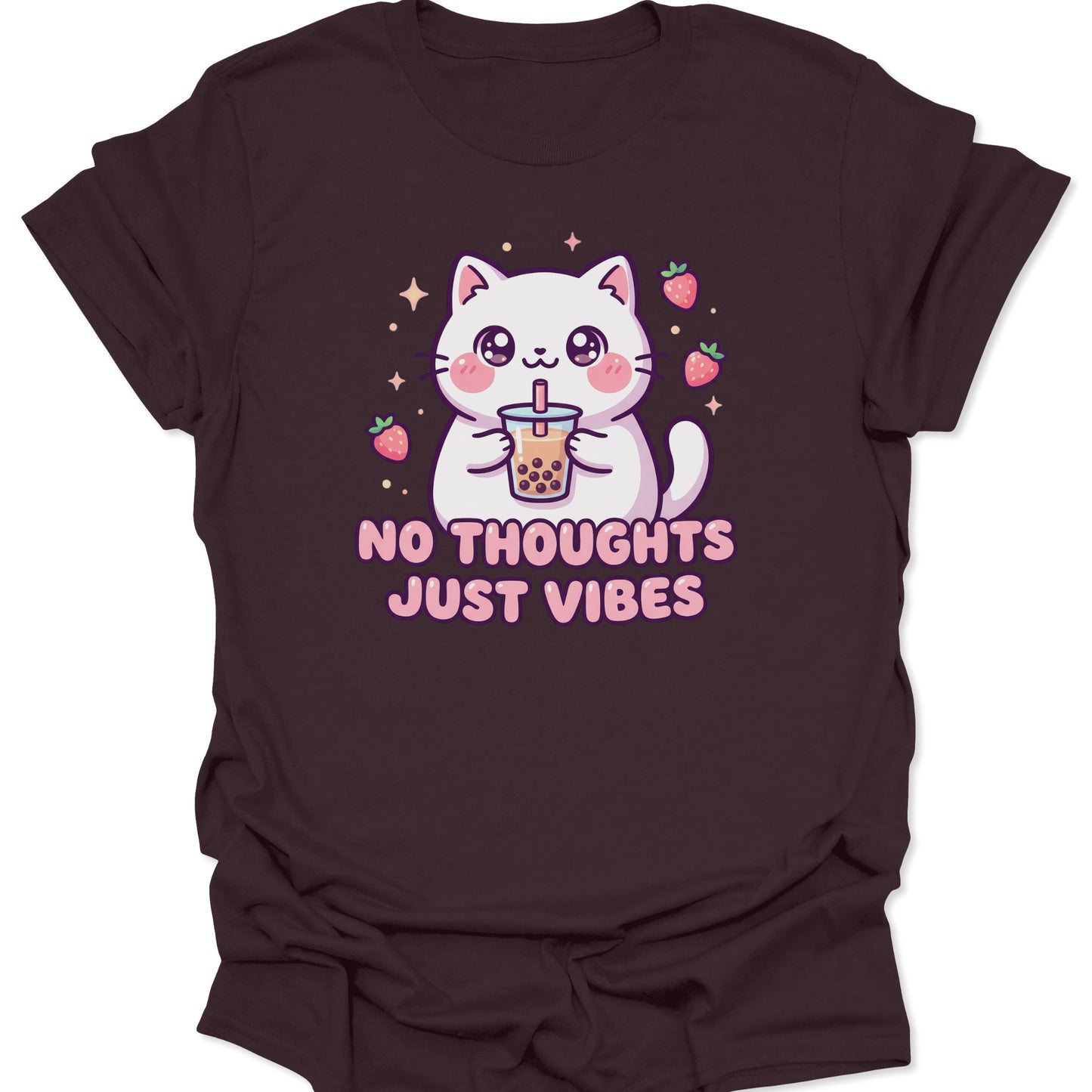Dark chocolate unisex adult t-shirt featuring an anime-style cat with boba tea and cute pink strawberry accents.