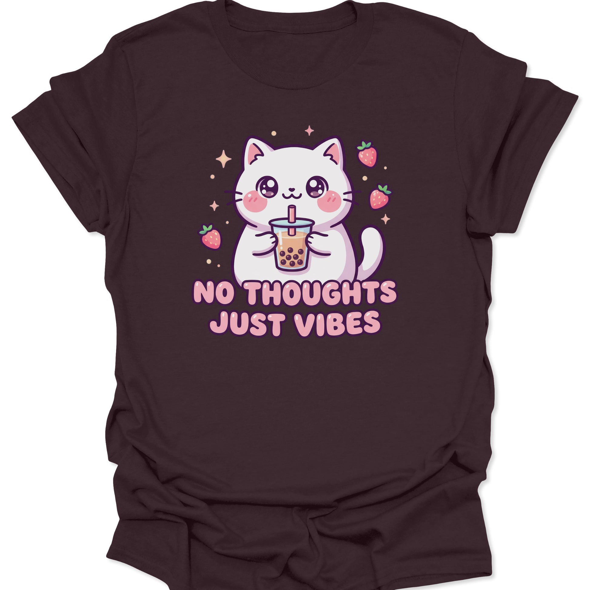 Dark chocolate unisex adult t-shirt featuring an anime-style cat with boba tea and cute pink strawberry accents.