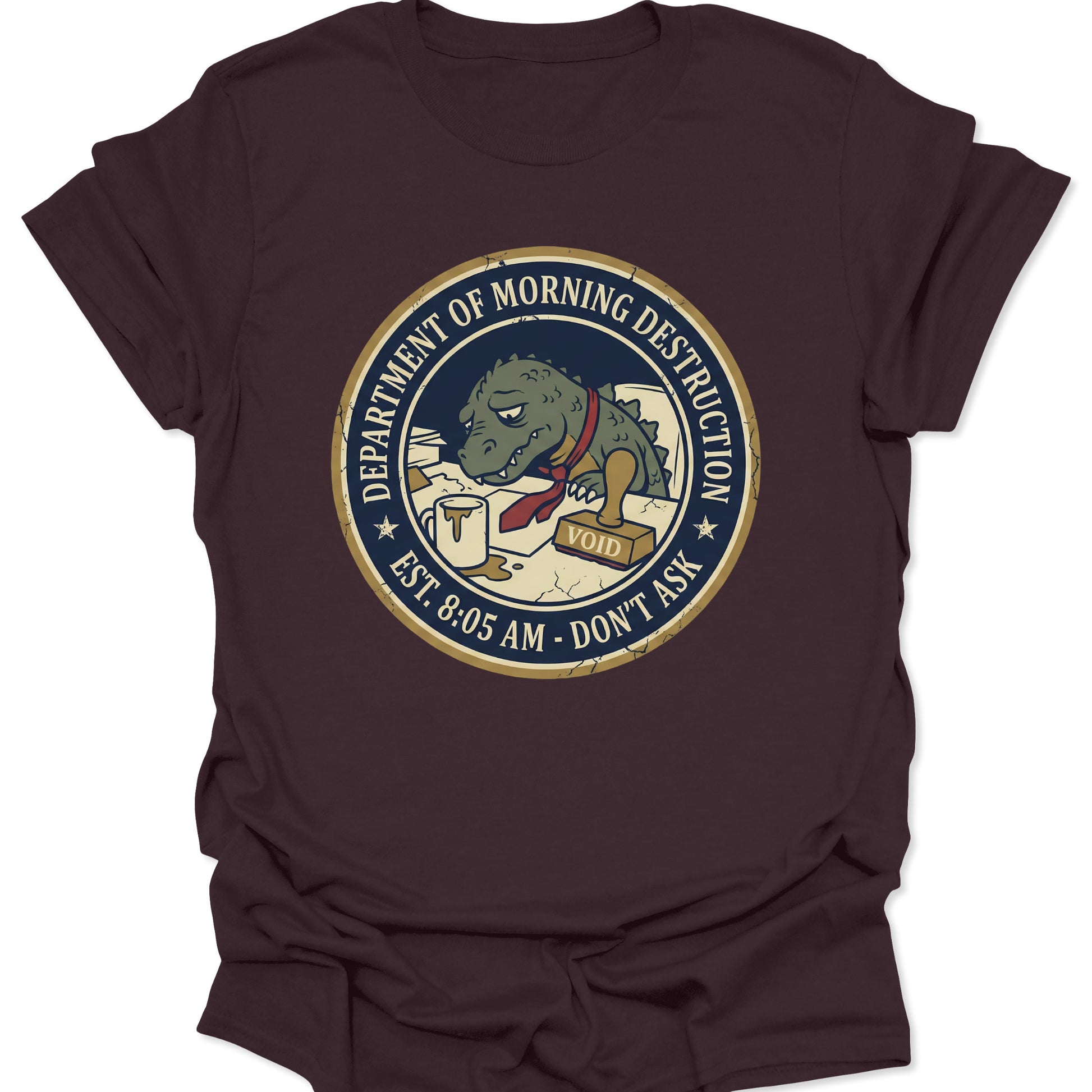 Dark Chocolate unisex adult t-shirt featuring retro japanese monster corporate humor seal design.