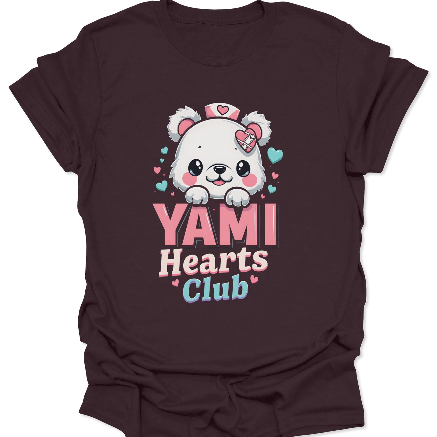 Dark Chocolate ring-spun cotton shirt featuring a Yami Kawaii nurse bear with medical heart icons in a chibi anime style, isolated on a neutral studio background.