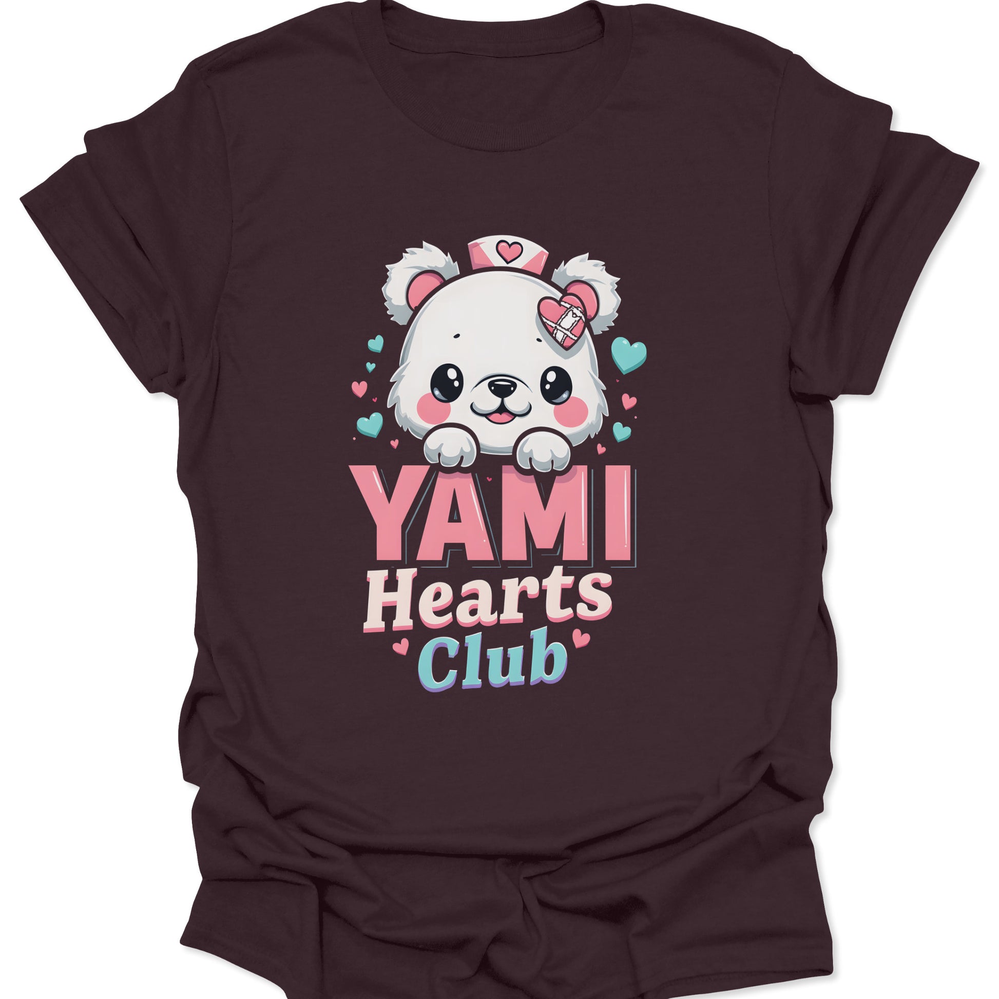 Dark Chocolate ring-spun cotton shirt featuring a Yami Kawaii nurse bear with medical heart icons in a chibi anime style, isolated on a neutral studio background.