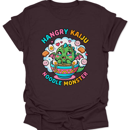 Dark Chocolate unisex adult t-shirt featuring a green Japanese dragon eating ramen, perfect for harajuku style lovers.