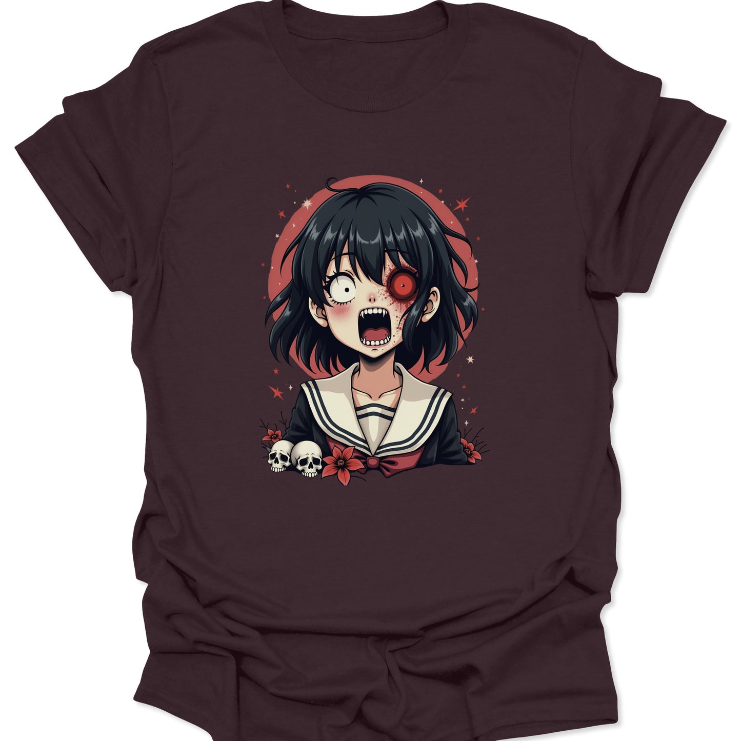 Dark Chocolate ring-spun cotton shirt featuring a Yami Kawaii schoolgirl "Sweet Scream" graphic in Japanese horror manga style, isolated on a clean white background.