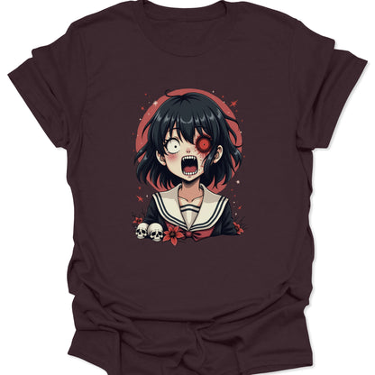Dark Chocolate ring-spun cotton shirt featuring a Yami Kawaii schoolgirl "Sweet Scream" graphic in Japanese horror manga style, isolated on a clean white background.