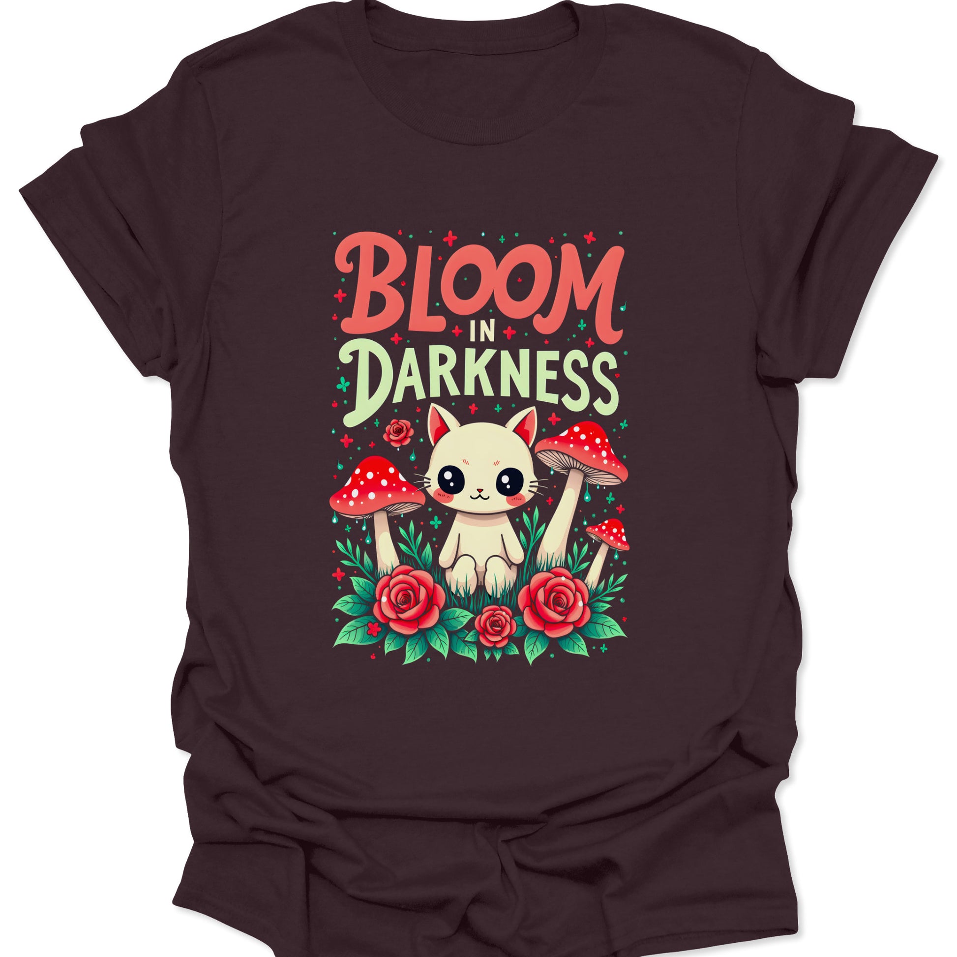 Dark chocolate brown cotton shirt featuring botanical cat and mushroom graphics in a creepy cute aesthetic, isolated on a white background.