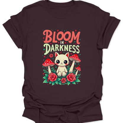 Dark chocolate brown cotton shirt featuring botanical cat and mushroom graphics in a creepy cute aesthetic, isolated on a white background.