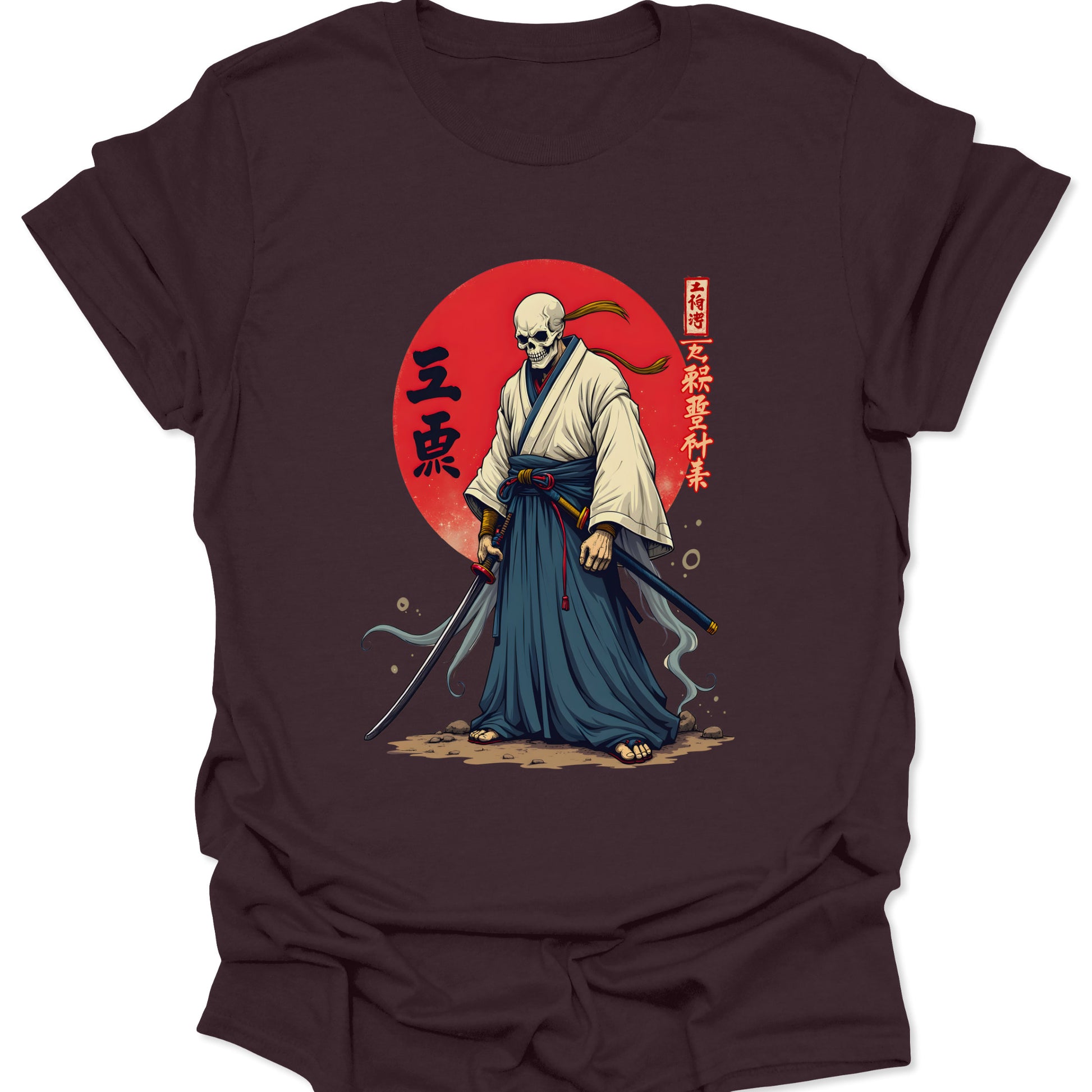 Dark chocolate brown ring-spun cotton shirt featuring a skeleton samurai with a katana and red sun in Ukiyo-e style, isolated on a neutral studio background.