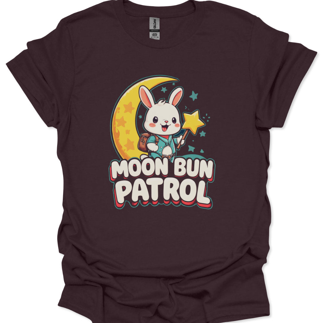 Brown t-shirt with a cartoon bunny on a moon and stars design and 'Moon Bun Patrol' text.