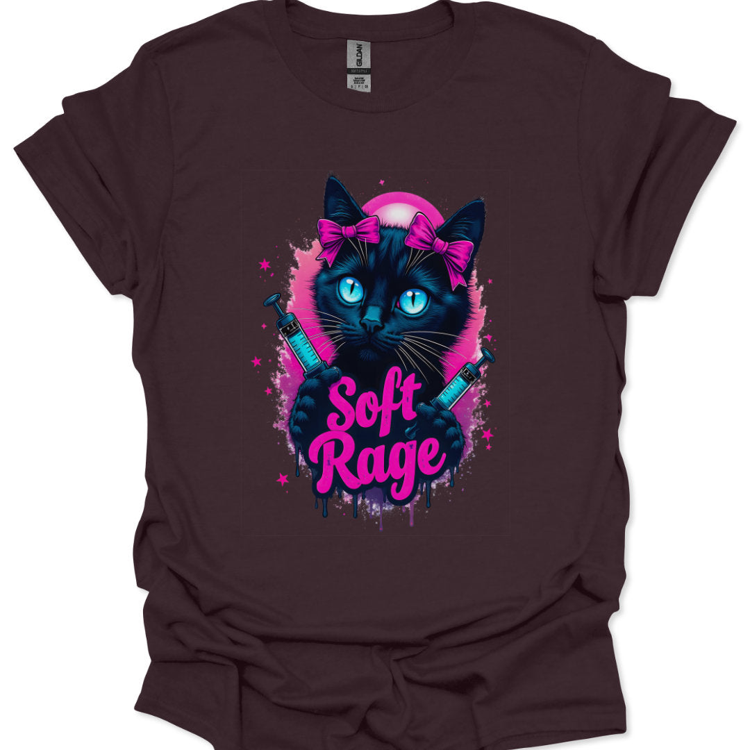 T-shirt with a black cat holding a sword and 'Soft Rage' text on a dark background