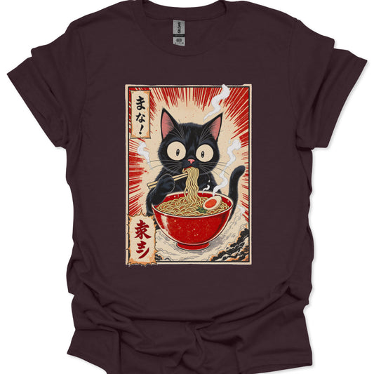 Brown t-shirt with a black cat eating ramen design on a white background