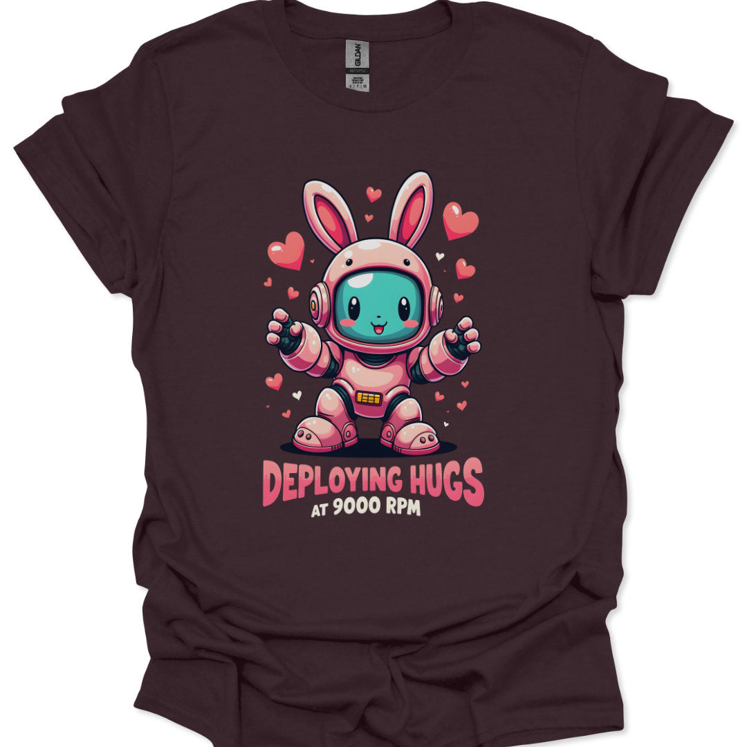 T-shirt with a cartoon astronaut bunny design and text on a dark background