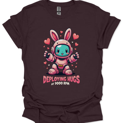 T-shirt with a cartoon astronaut bunny design and text on a dark background