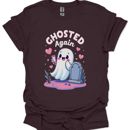 Dark brown t-shirt with a cartoon ghost and 'Ghosted Again' text on a white background