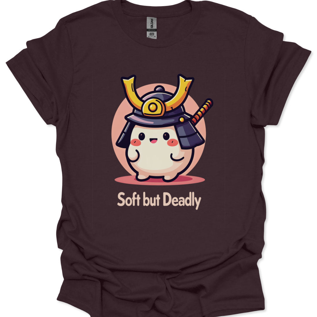 Brown t-shirt with a cartoon character in a samurai helmet and 'Soft but Deadly' text on a white background