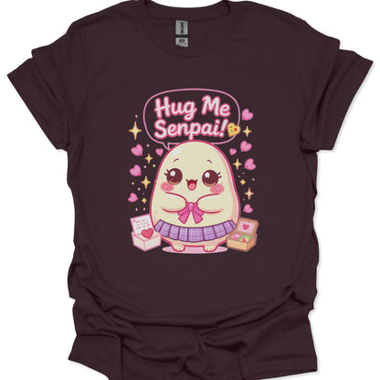 Hug Me Senpai slogan with adorable mascot and sparkles