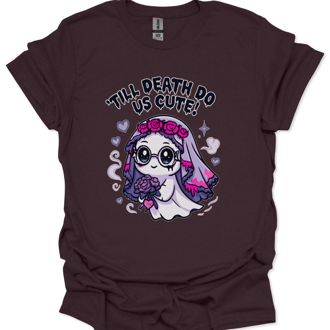 Brown t-shirt with a cute cartoon character and text 'Till Death Do Us Cute!' on a white background