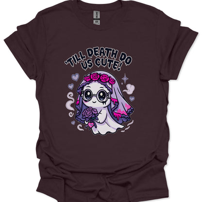 Brown t-shirt with a cute cartoon character and text 'Till Death Do Us Cute!' on a white background