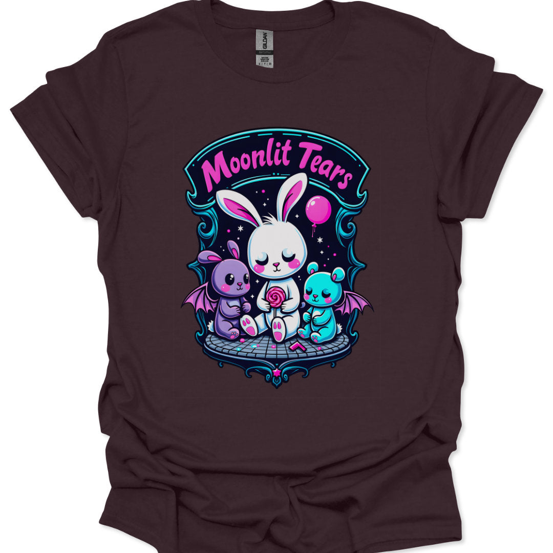 Brown t-shirt with cartoon characters and 'Moonlit Tears' text on a white background