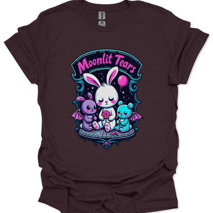 Brown t-shirt with cartoon characters and 'Moonlit Tears' text on a white background